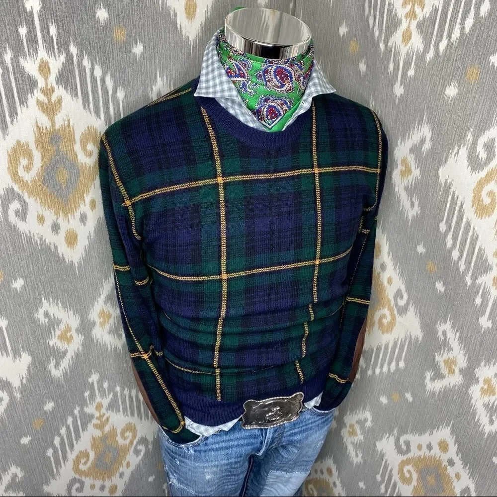 Polo Ralph Lauren ~ Tartan Plaid Merino Wool & Suede Crewneck Sweater